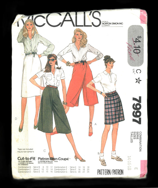 McCalls 7997 Misses Culottes and Skirt Sewing Pattern UNCUT  Size 14 16 18