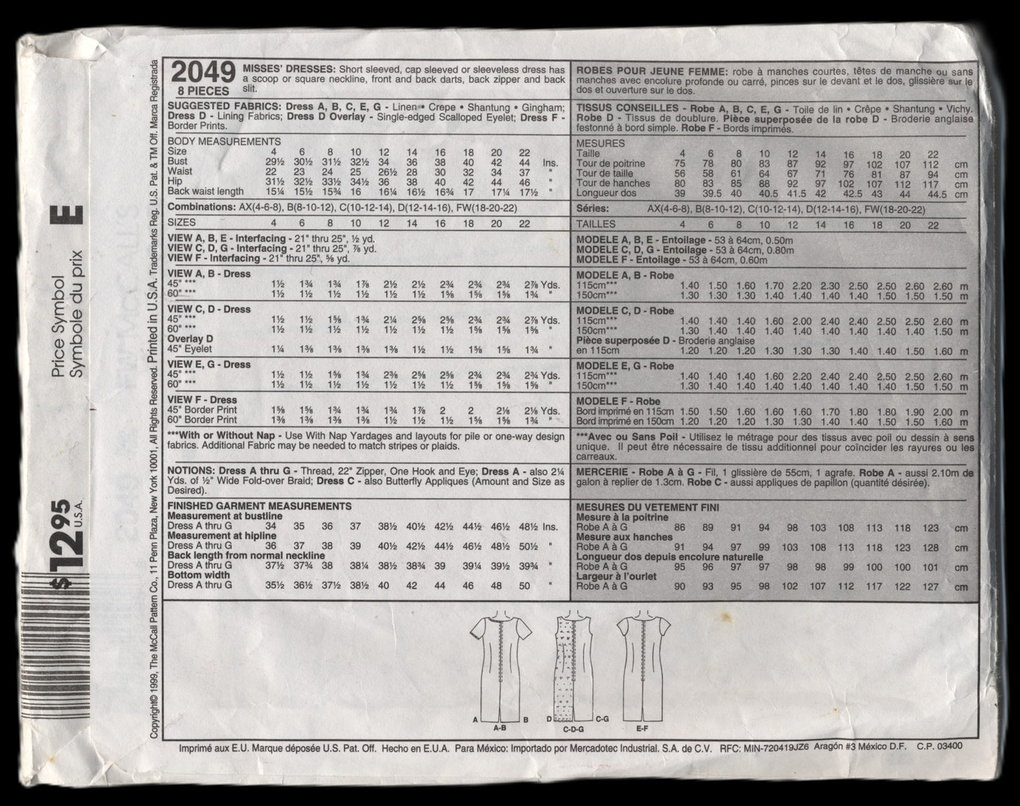 McCalls 2049 Misses Dresses Sewing Pattern - UNCUT - Size  18 20 22