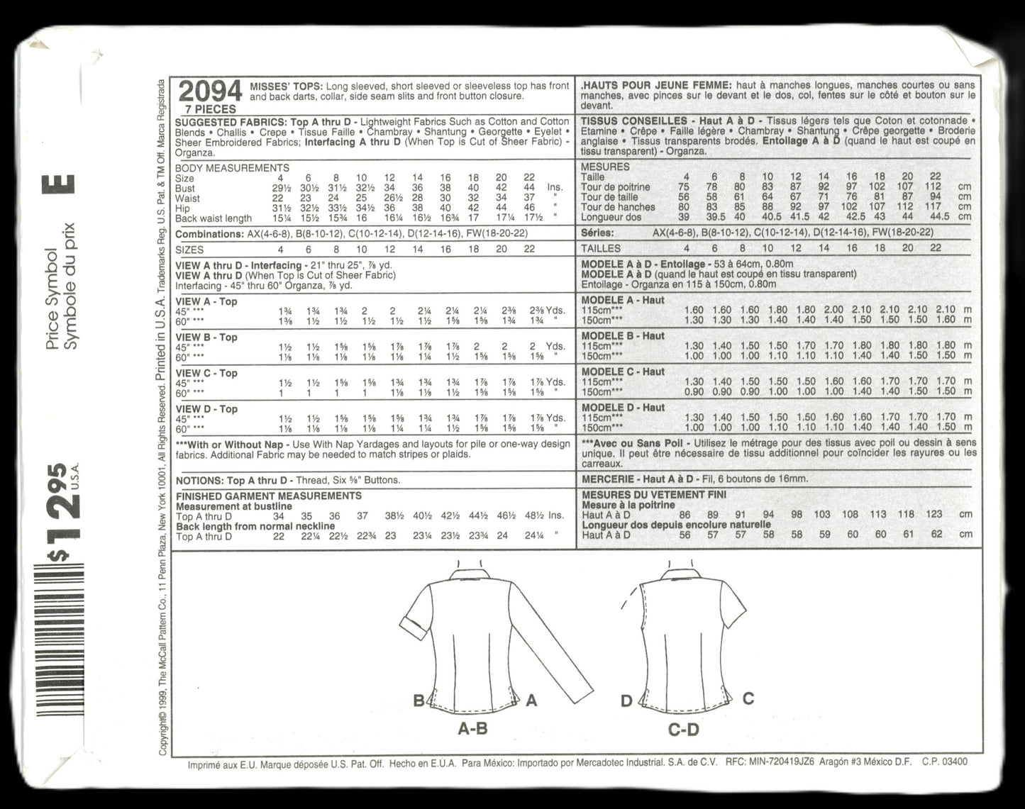 McCalls 2094 Misses Tops Sewing Pattern - UNCUT - Size 10 12 14