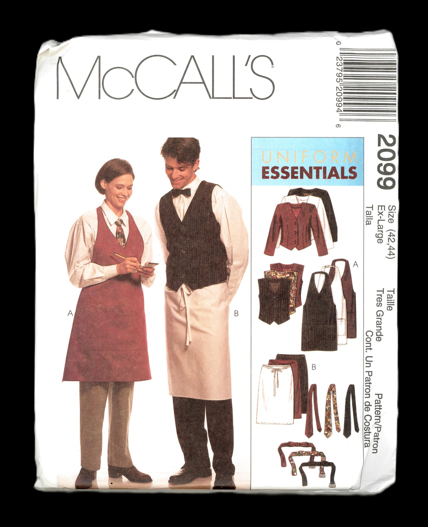 McCalls 2099 Uniform Essentials Misses and Mens Jacket Vest Aprons, Tie in Two Lengths and Bow Tie  Aprons Sewing Pattern - UNCUT Size Ex Large ( 42,44)