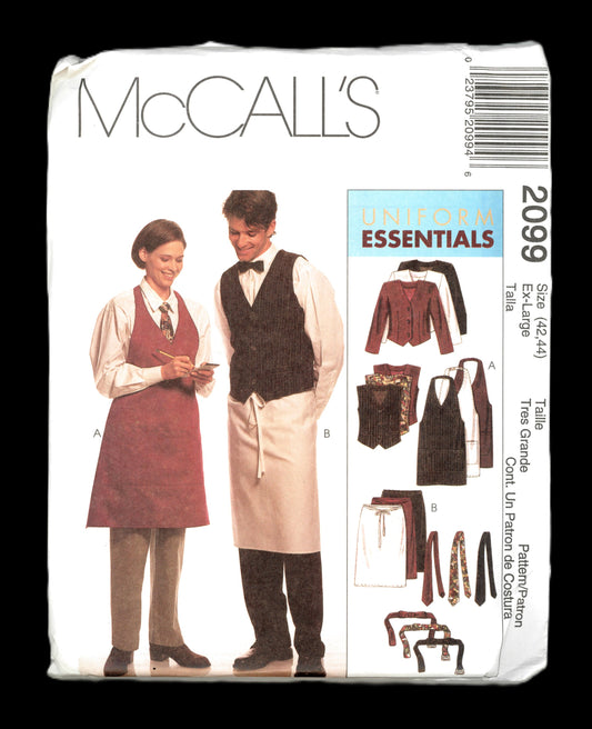 McCalls 2099 Uniform Essentials Misses and Mens Jacket Vest Aprons, Tie in Two Lengths and Bow Tie  Aprons Sewing Pattern - UNCUT Size Ex Large ( 42,44)