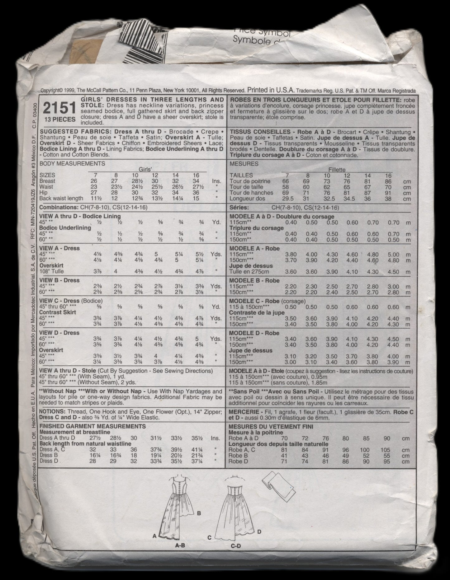 McCalls 2151 Girls  Special Occasion Dresses in Three Lengths and Stole Sewing Pattern UNCUT Size 7 8 10