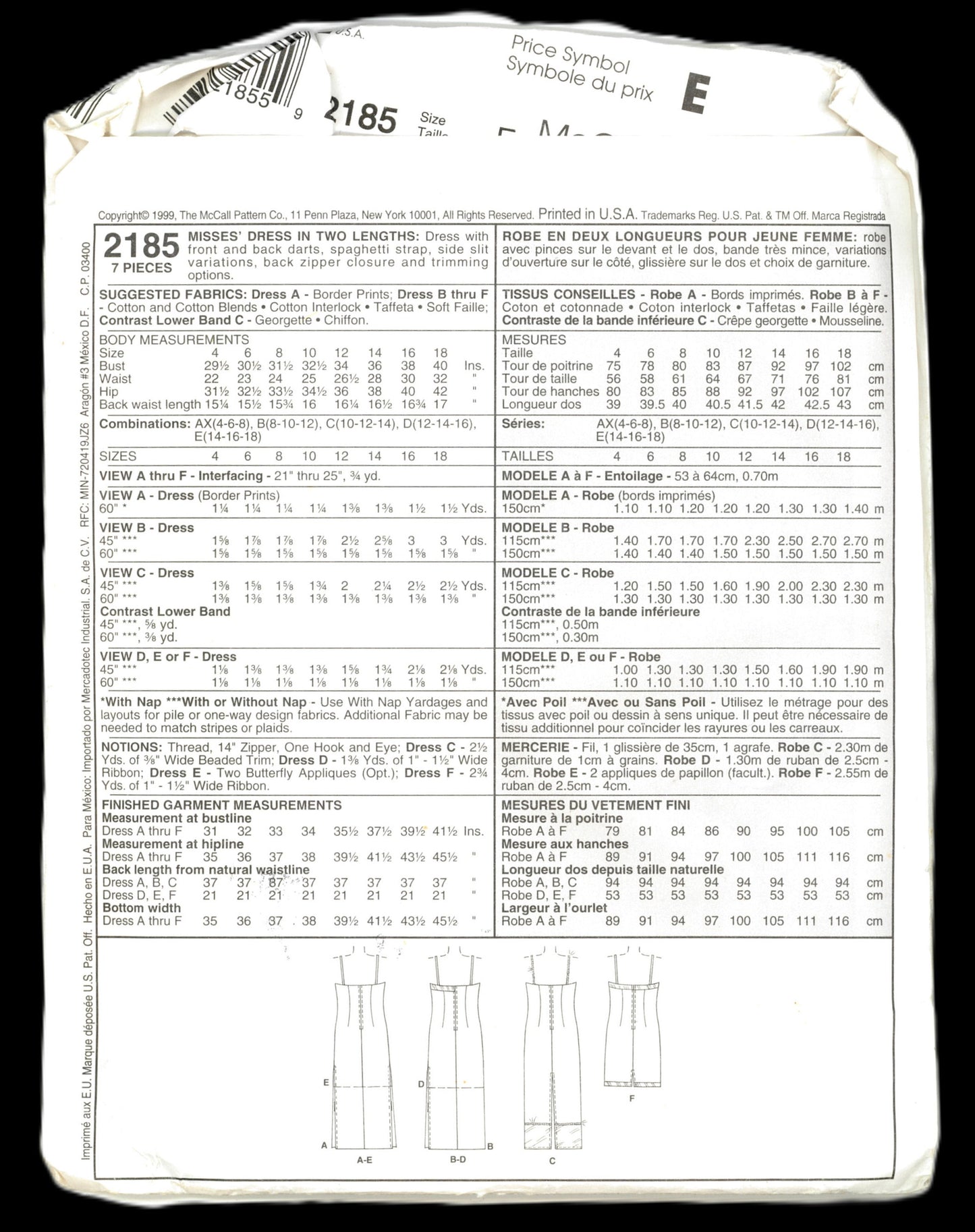 McCalls 2185 Misses Dress in Two Lengths Sewing Pattern - UNCUT - Size 12 14 16 or Size 14 16 18
