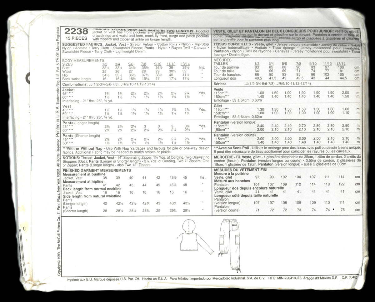 McCalls 2238 Junior's Jacket Vest and Pants in Two Lengths Sewing Pattern UNCUT Size 1/2 3/4 5/6 7/8 or Size 9/10 11/12 13/14