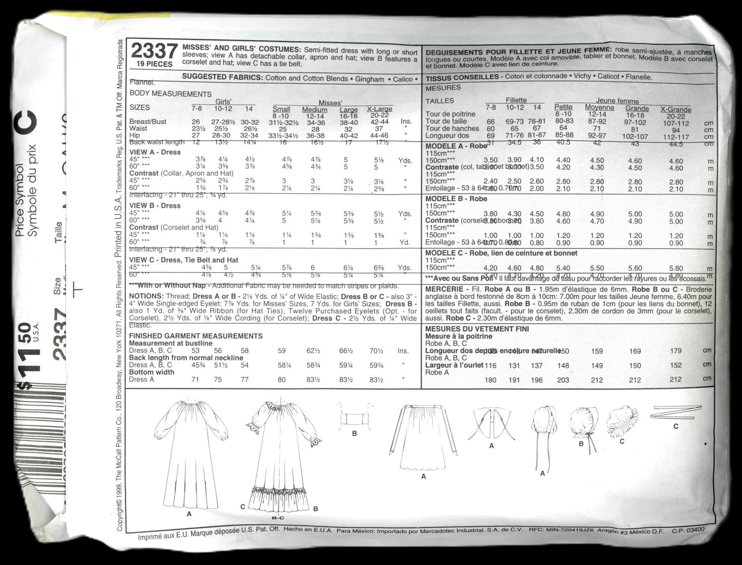 McCalls 2337 Misses Colonial Dresses Costume Sewing Pattern - UNCUT - Size Medium (12 -14)