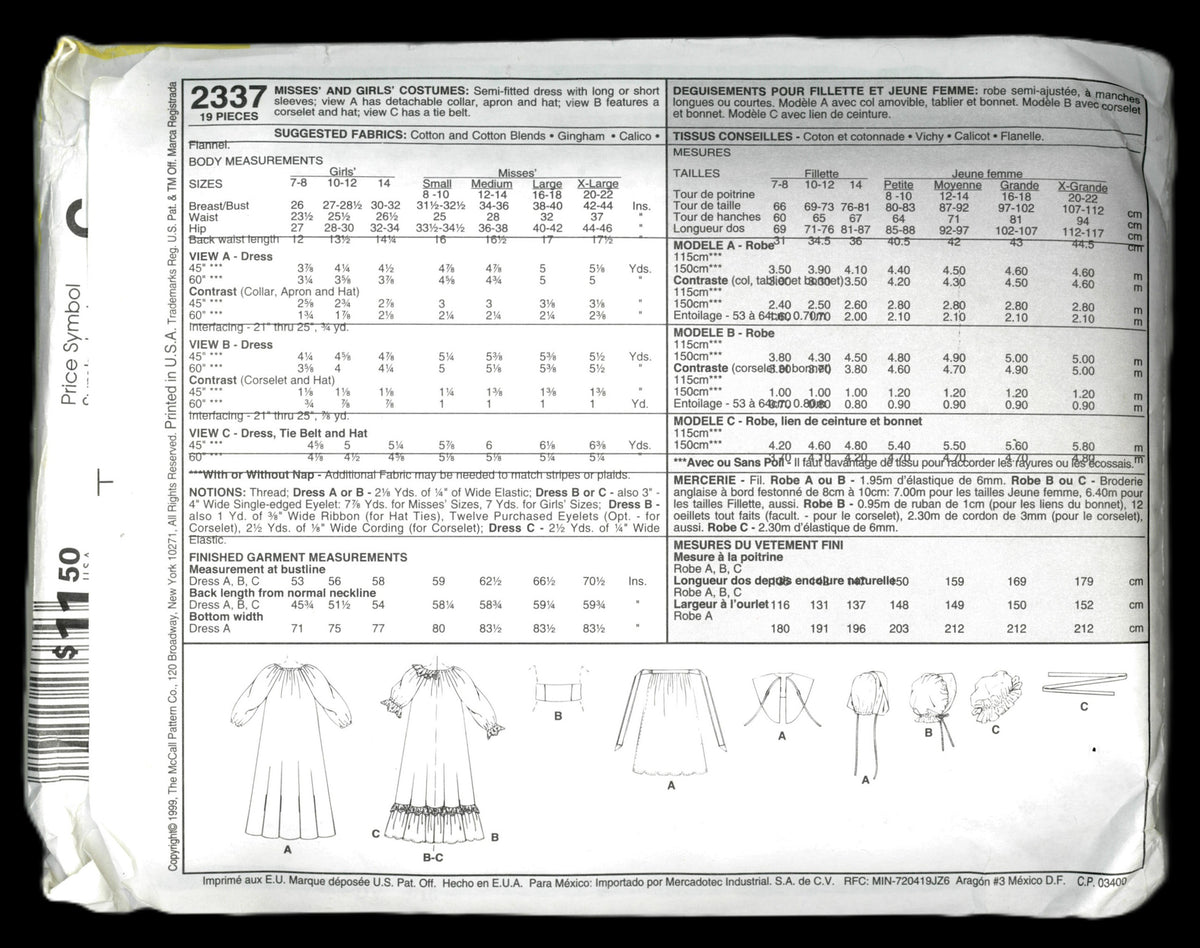 McCalls 2337 Misses Colonial Dresses Costume Sewing Pattern - UNCUT - Size Small (8-10) or Size Medium (12 -14)
