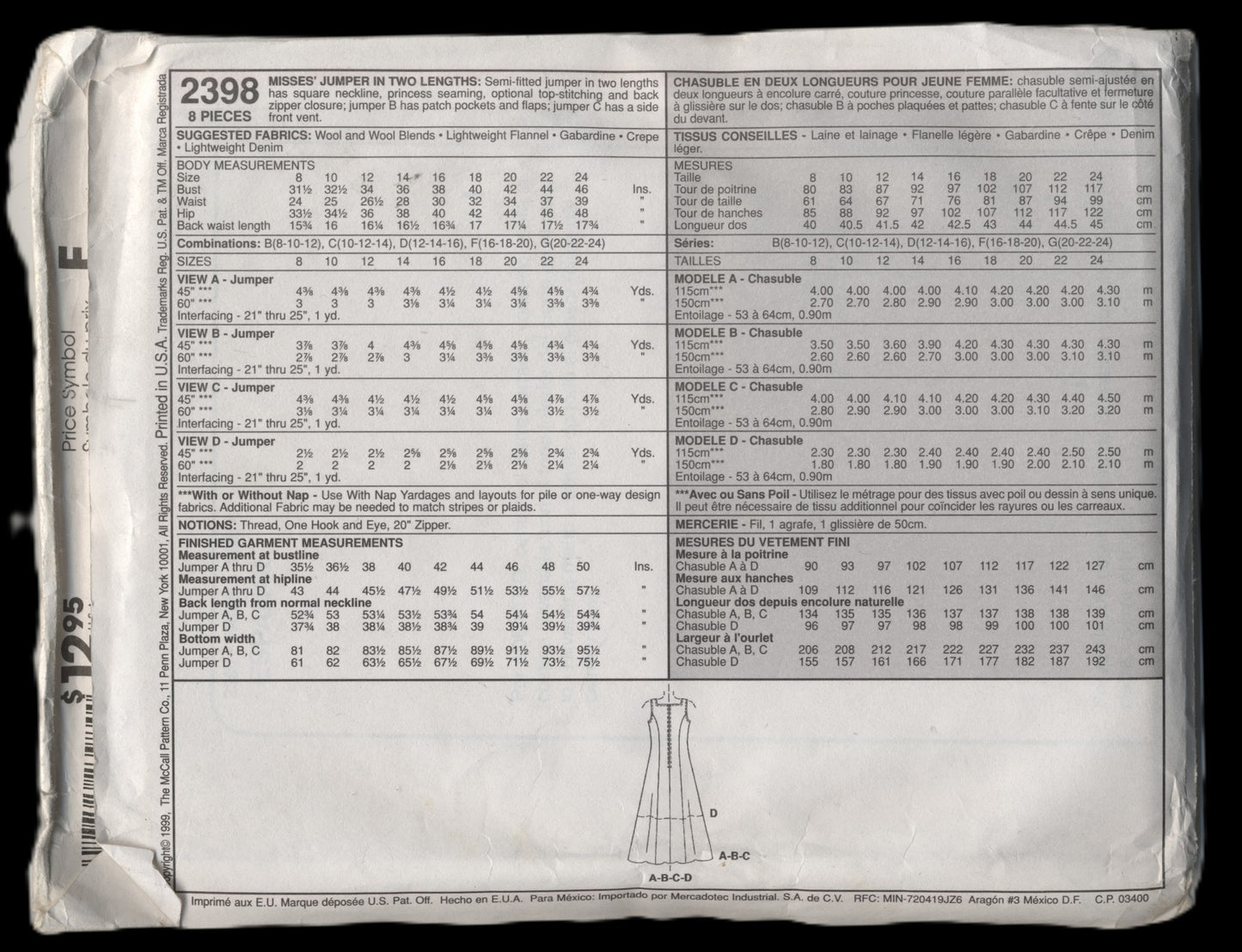 McCalls 2398 Misses Jumper in Two Lengths Sewing Pattern - UNCUT - Size 10 12 14 or Size 16 18 20 or Size Size 20 22 24