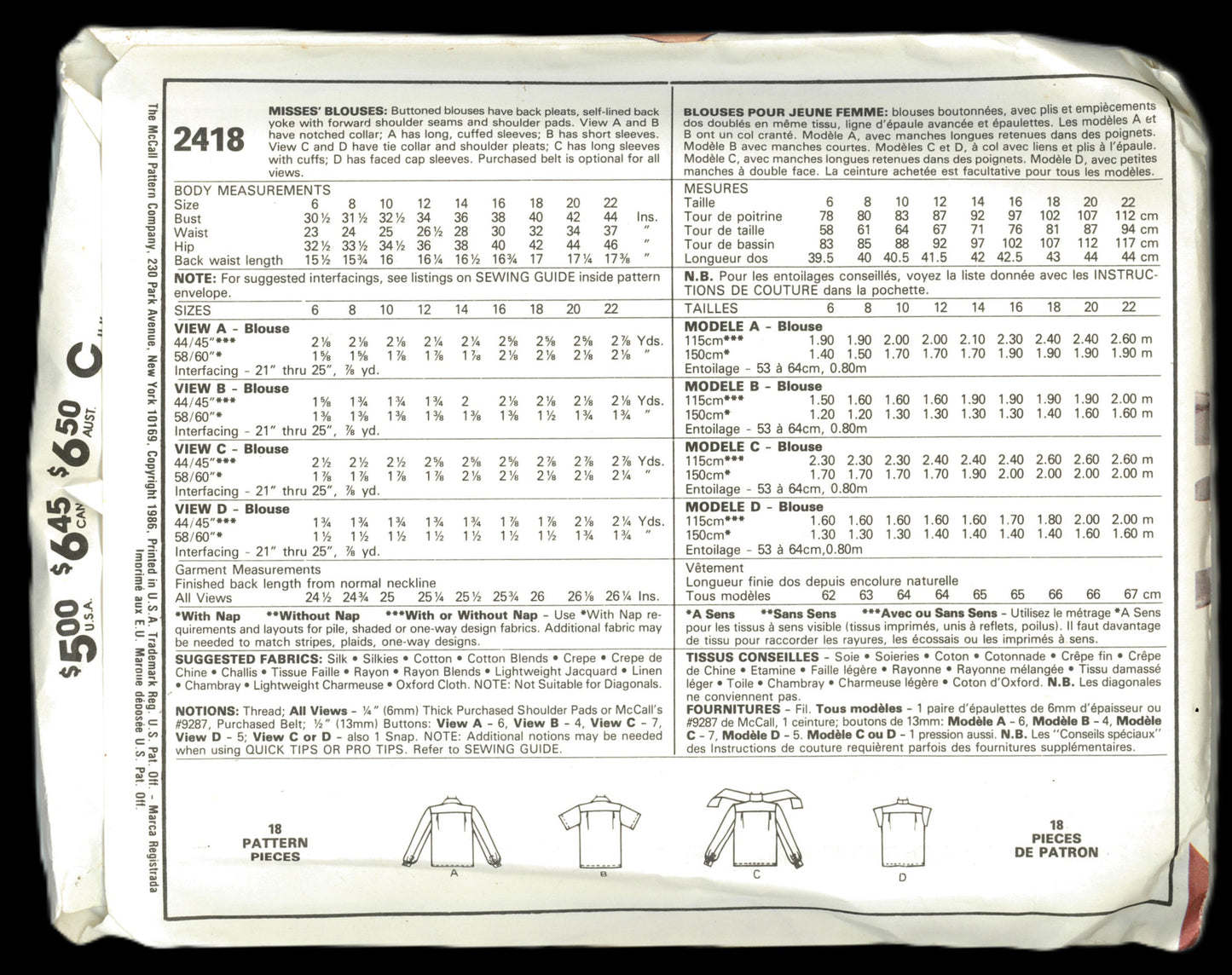McCalls 2418 Misses Blouses Sewing Pattern UNCUT - Size 16