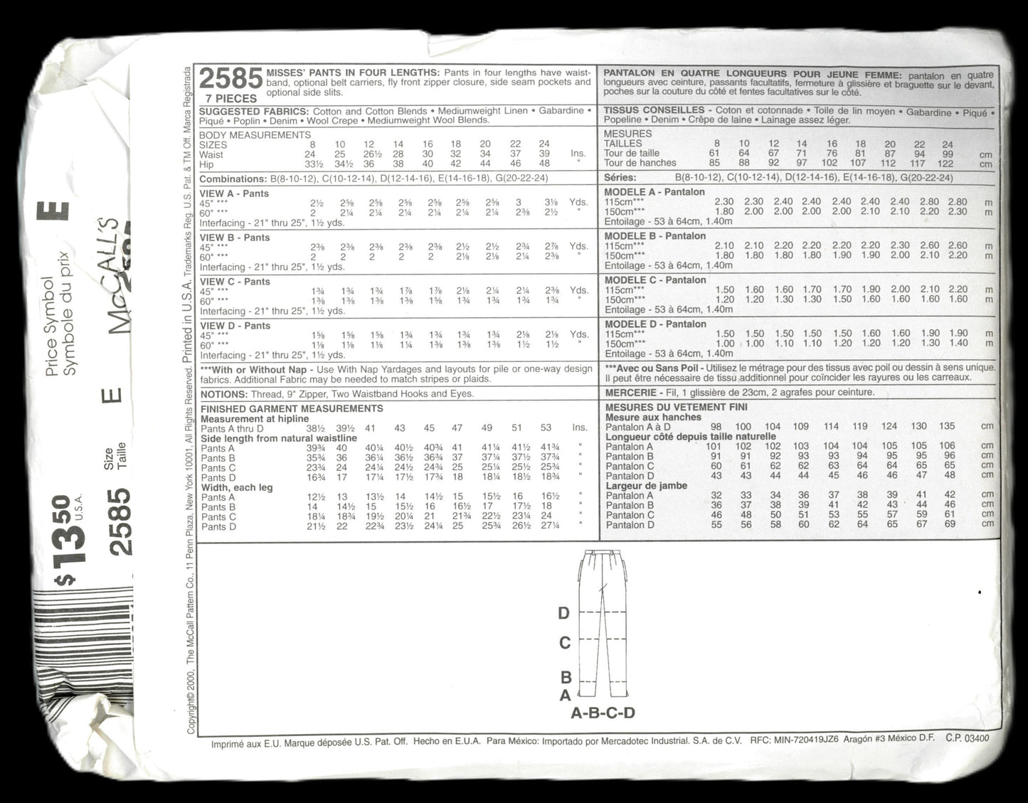 McCalls 2585  Palmer / Pletsch Misses Perfect Fit Pants in Four Lengths Sewing Pattern UNCUT  Size 12 14 16 or Size 12 14 16 or Size 14 16 18
