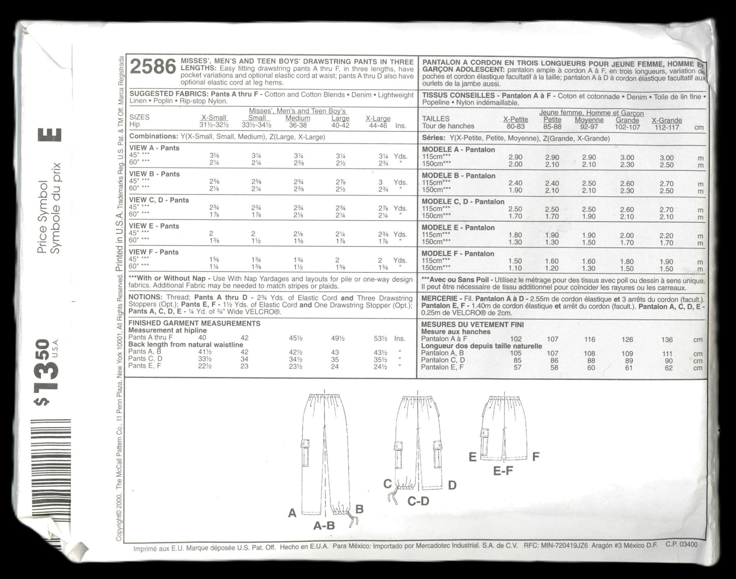 McCalls 2586  Misses Mens or Teen Boys Drawstring Pants Sewing Pattern UNCUT - Size Xsm Sml Med