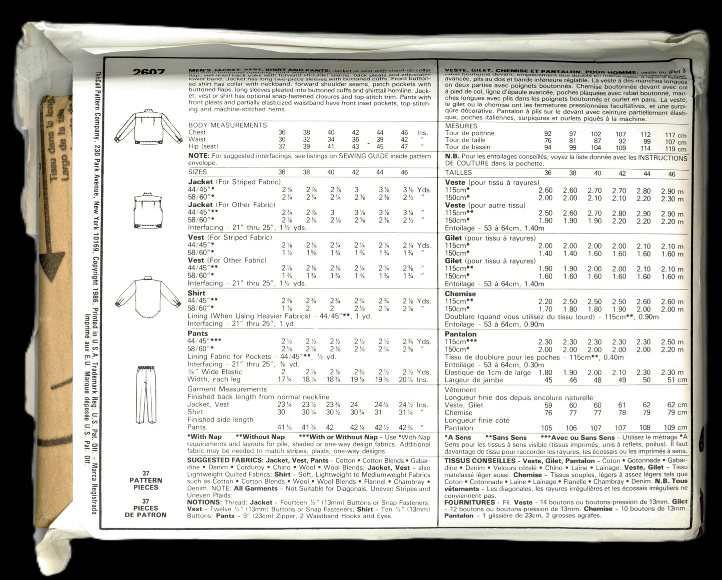McCalls 2607 Mens Jacket Vest Shirt and Pants Sewing Pattern - UNCUT Size 42