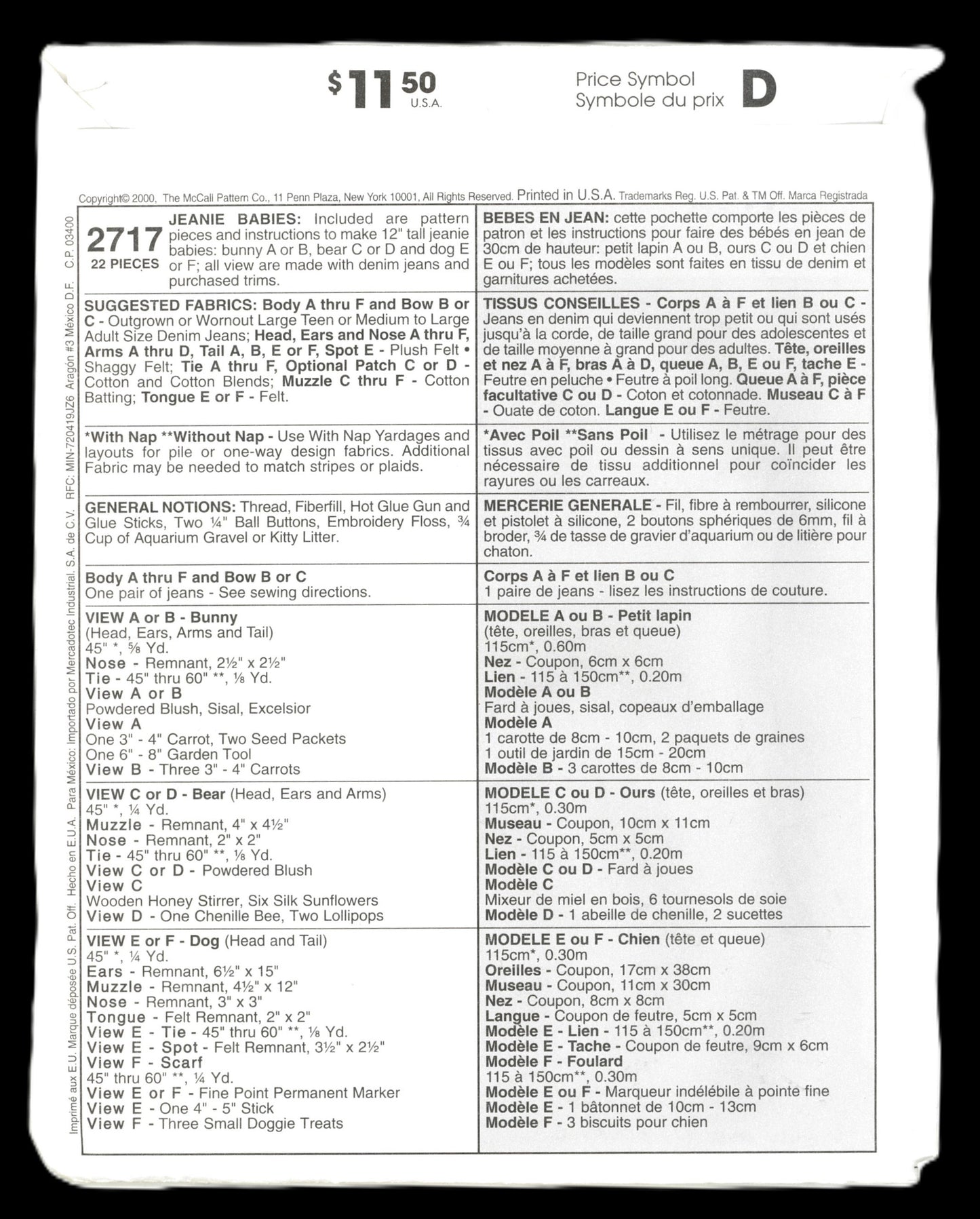 McCalls 2717 Jeanie Babies Sewing Pattern UNCUT