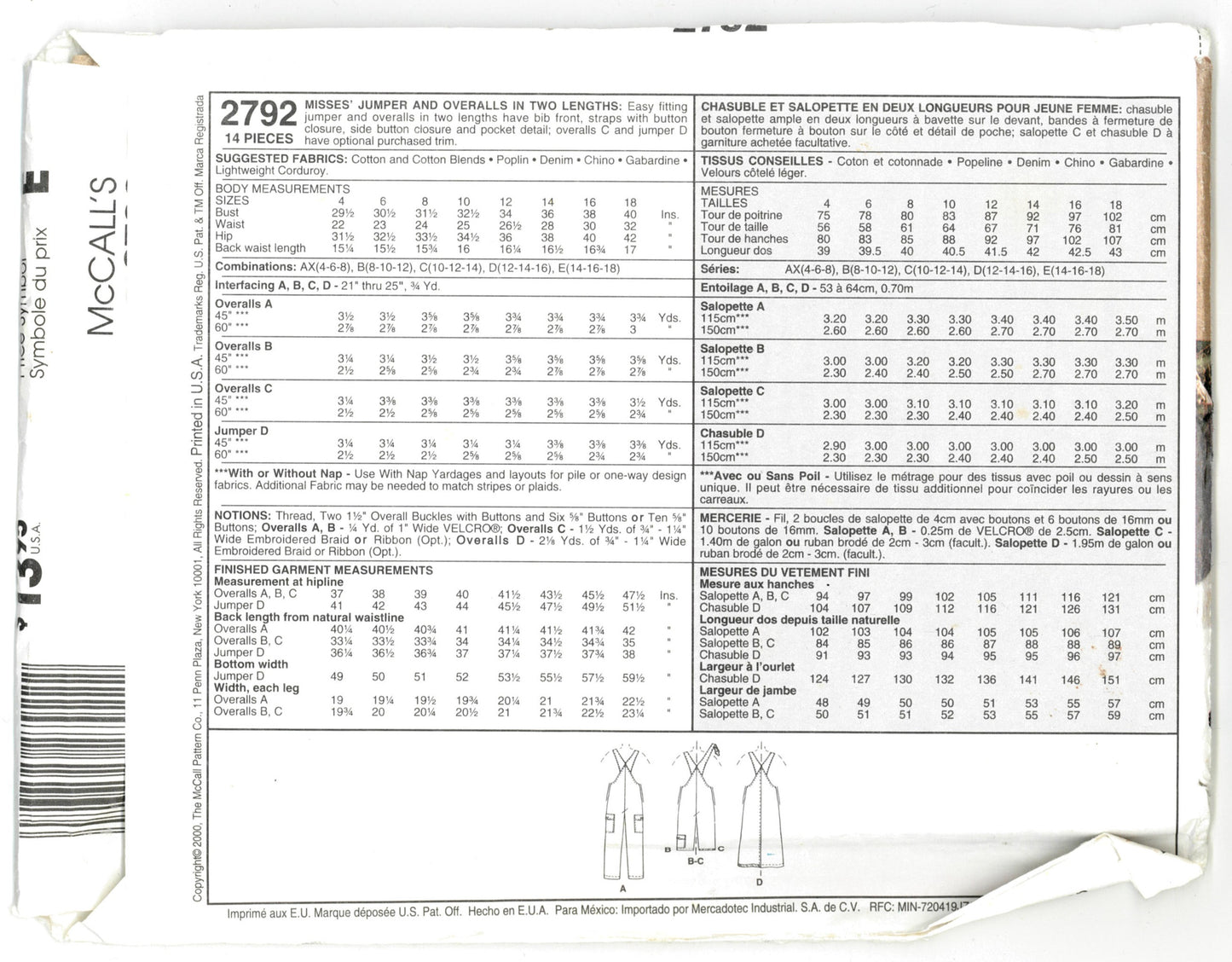 MCCalls 2792 Misses Jumper and Overalls in Two Lengths Sewing Pattern - UNCUT Size 8 10 12