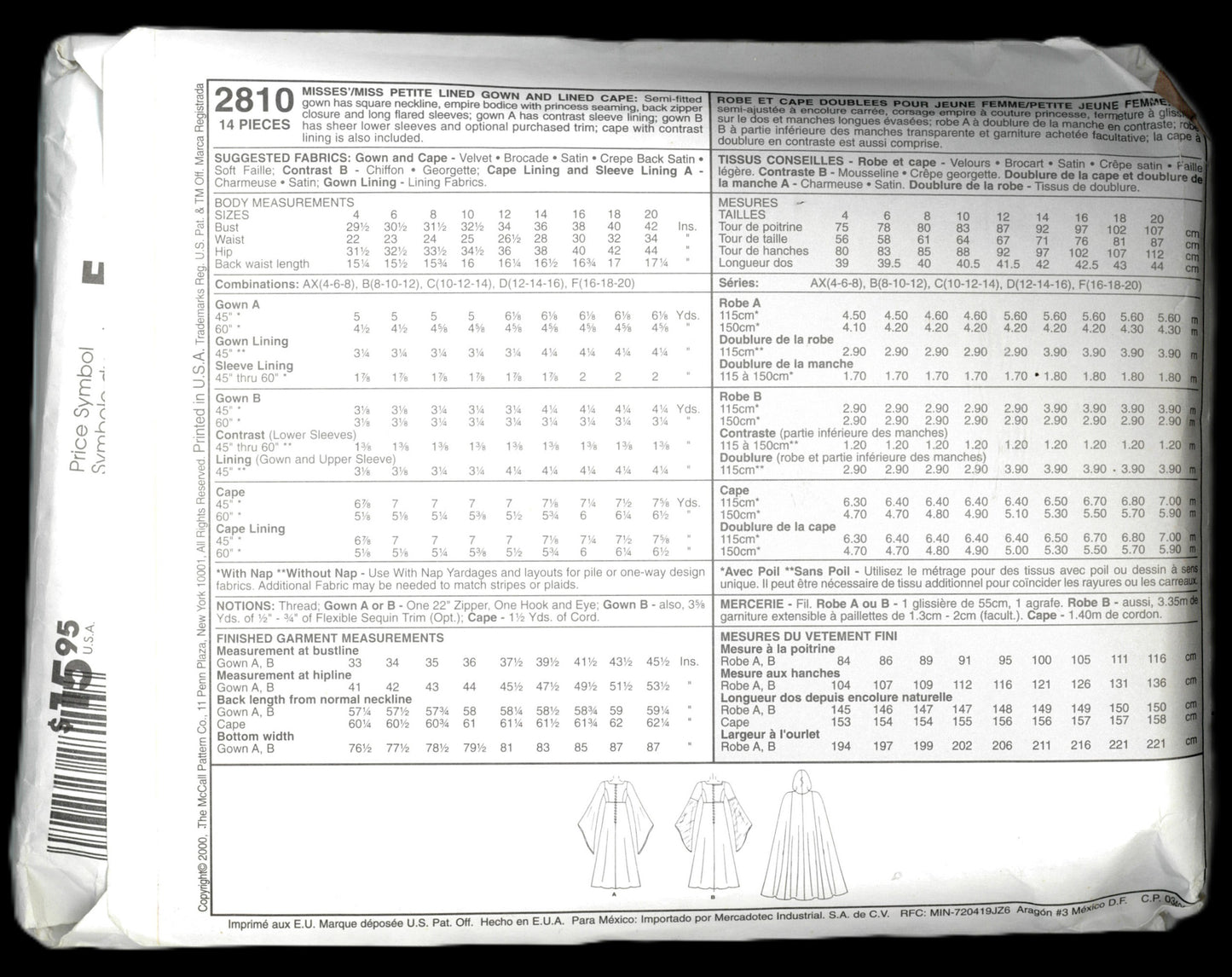 McCalls 2810 Evening Elegance Misses / Miss Petite Lined Gown and Lined Cape Sewing Pattern UNCUT - Size 16 18 20