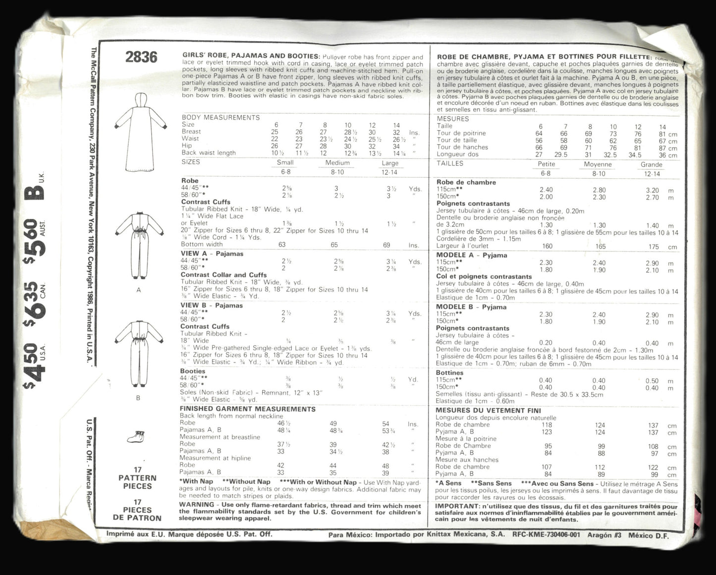 McCalls 2836 Girls Robe Pajamas Botties Sewing Pattern UNCUT Size Medium