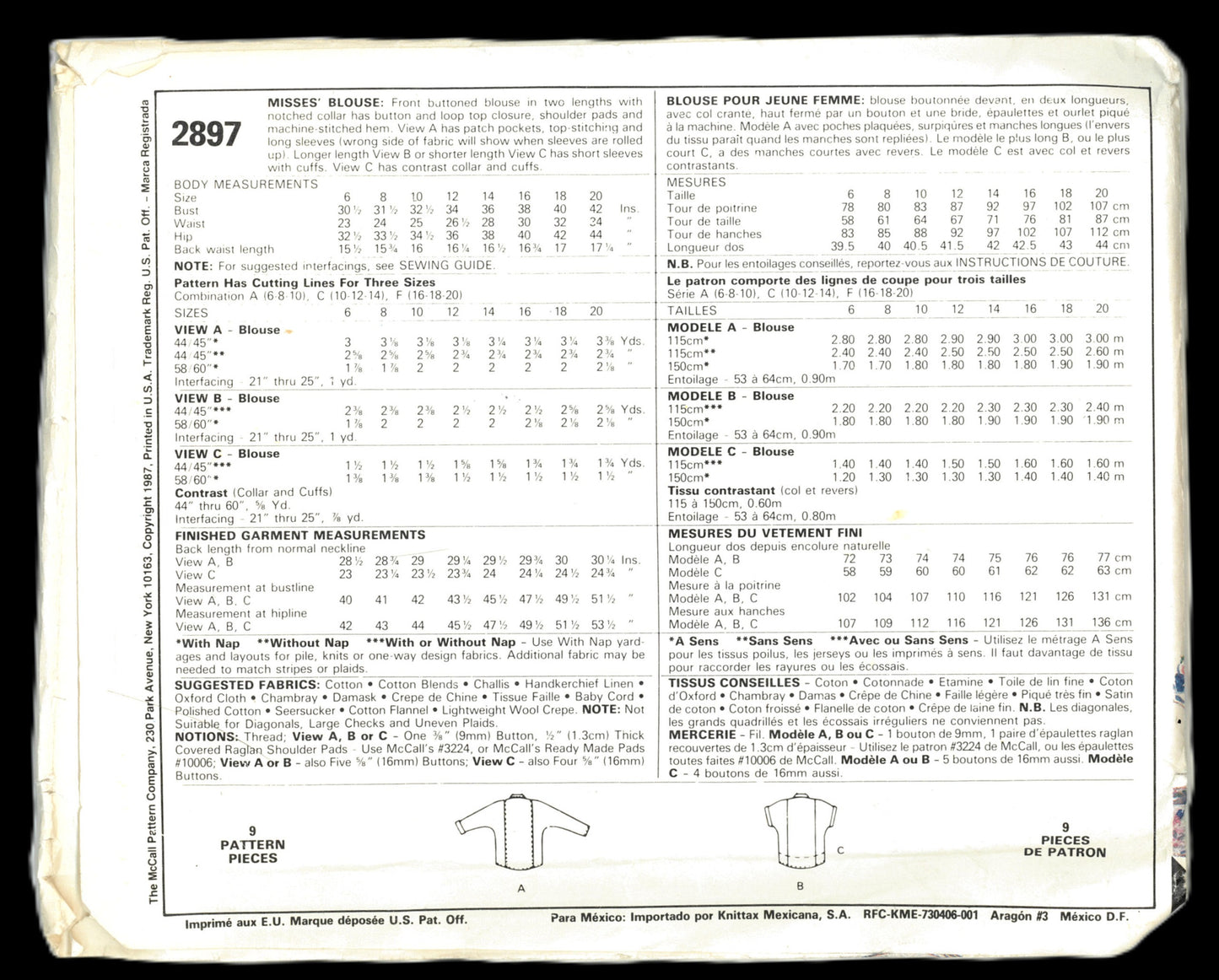 McCalls 2897 Misses Blouses Sewing Pattern UNCUT - Size 16 18 20
