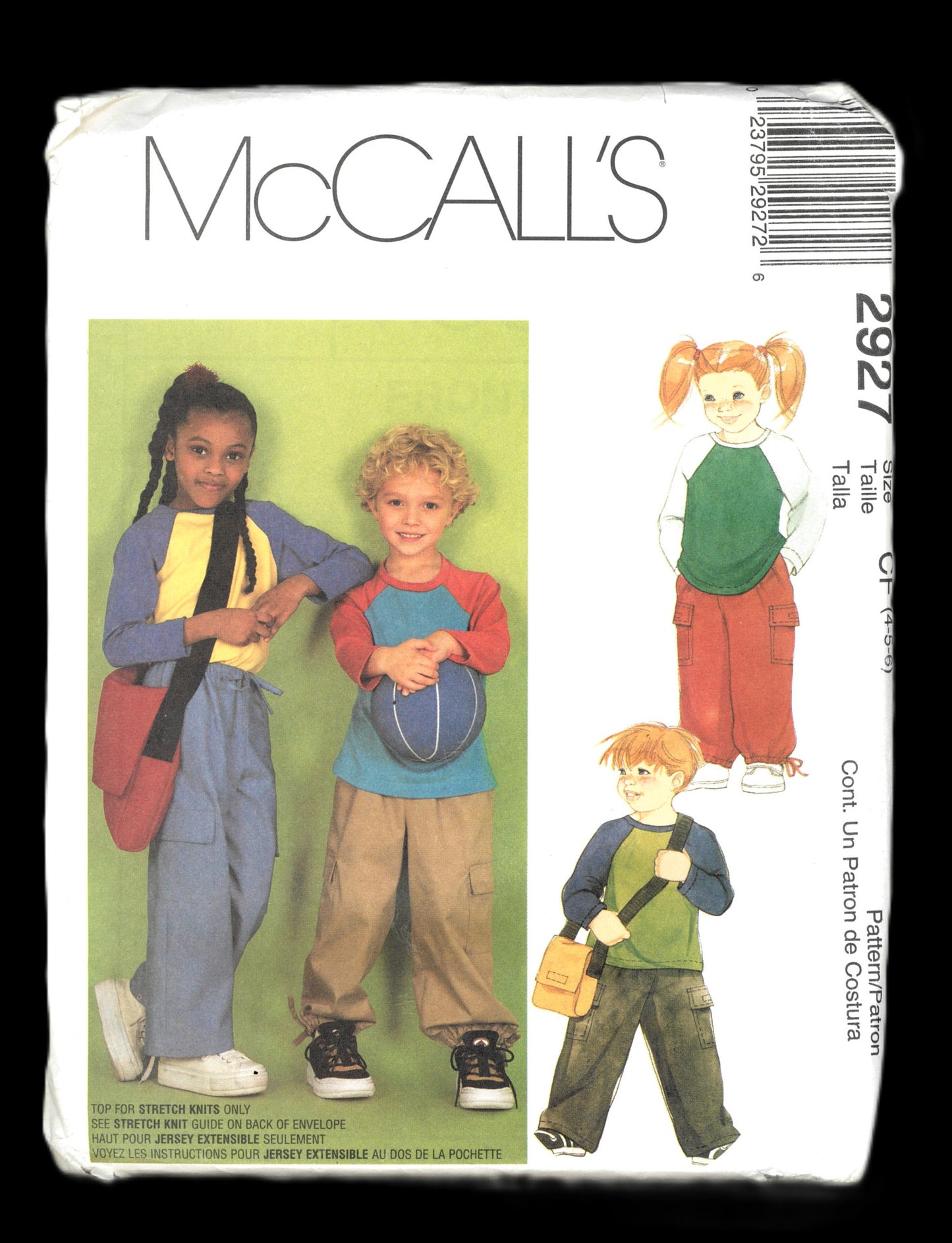 McCalls 2927 CHildrens Boys Girls Tops, Pull on Pants and Bag Sewing Pattern UNCUT Size 4 5 6