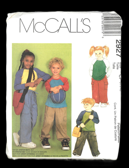 McCalls 2927 CHildrens Boys Girls Tops, Pull on Pants and Bag Sewing Pattern UNCUT Size 4 5 6