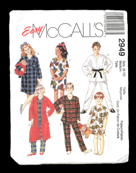 McCalls 2949 Children's Boys and Girls Robe in Two lengths with Tie Belt, Nightshity in Two Lengths and Pajamas with Pants or Shorts Sewing Pattern - UNCUT - Size Medium ( 8 - 10 )