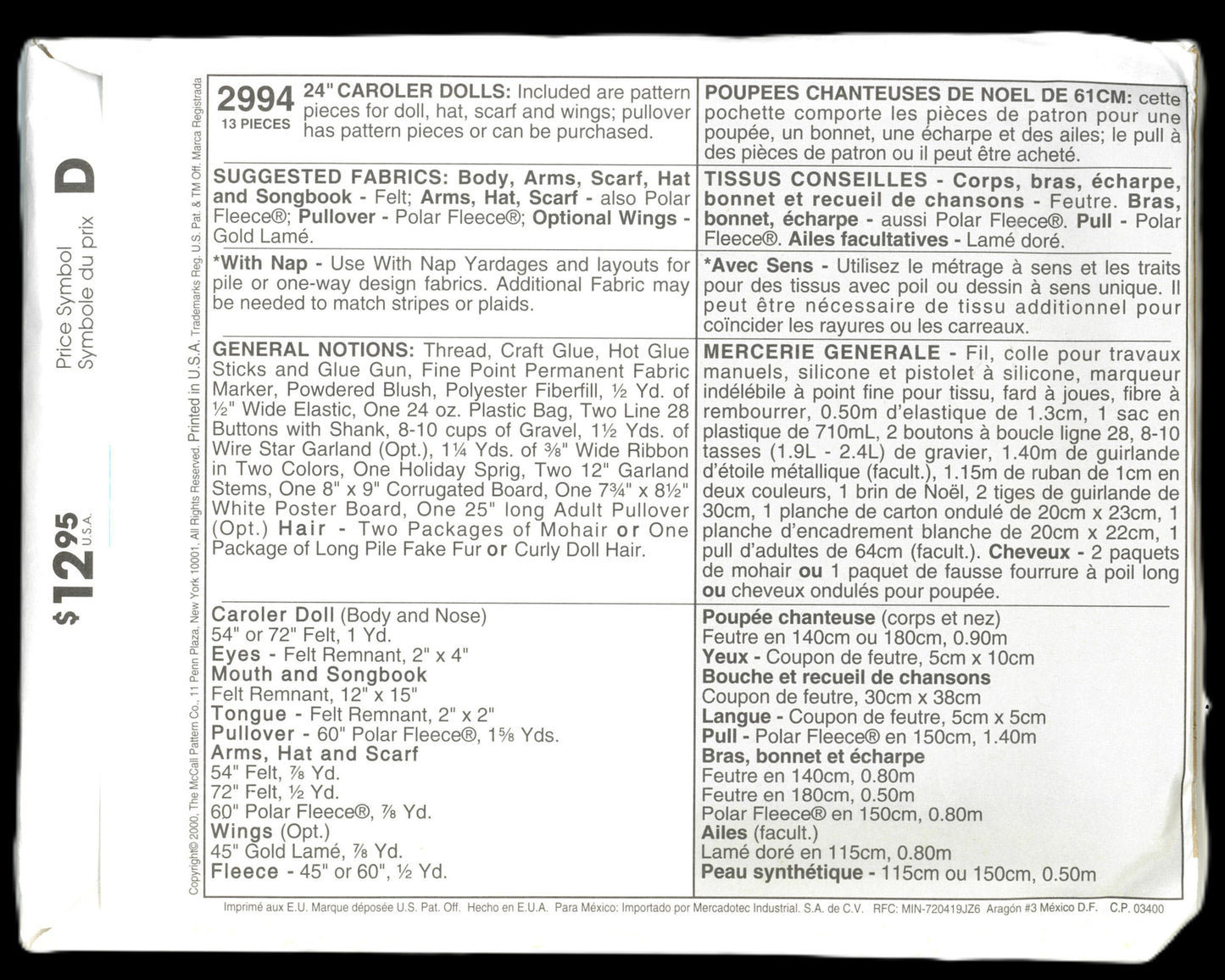 McCalls 2994 Christmas 24" Caroler Dolls Sewing Pattern UNCUT