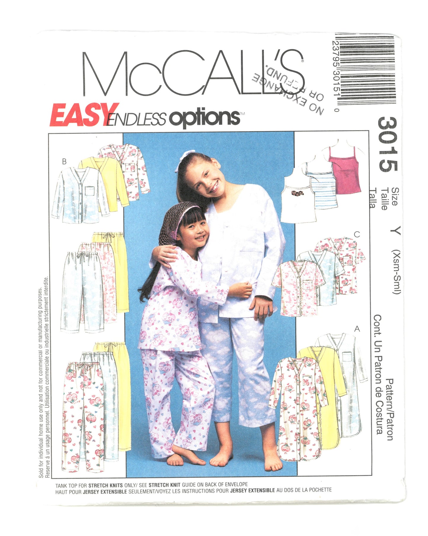McCalls 3015 Children's and Girls Nightshirt or Top, Tank Top and Pull on Pants in Two Lengths Sewing Pattern - UNCUT - Size Xsm Sml