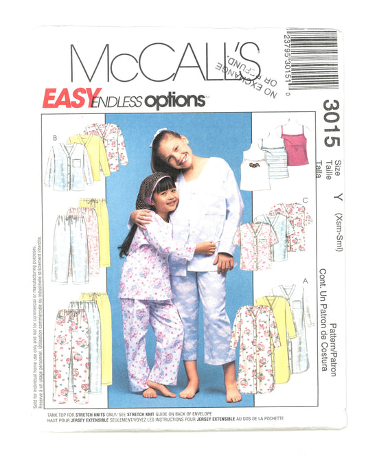 McCalls 3015 Children's and Girls Nightshirt or Top, Tank Top and Pull on Pants in Two Lengths Sewing Pattern - UNCUT - Size Xsm Sml