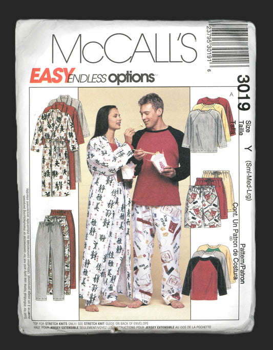 McCalls 3019 Misses Men's and Teen Boys Robe, Top, Pull on Pants or Shorts Sewing Pattern - UNCUT - Size Sml Med Lrg