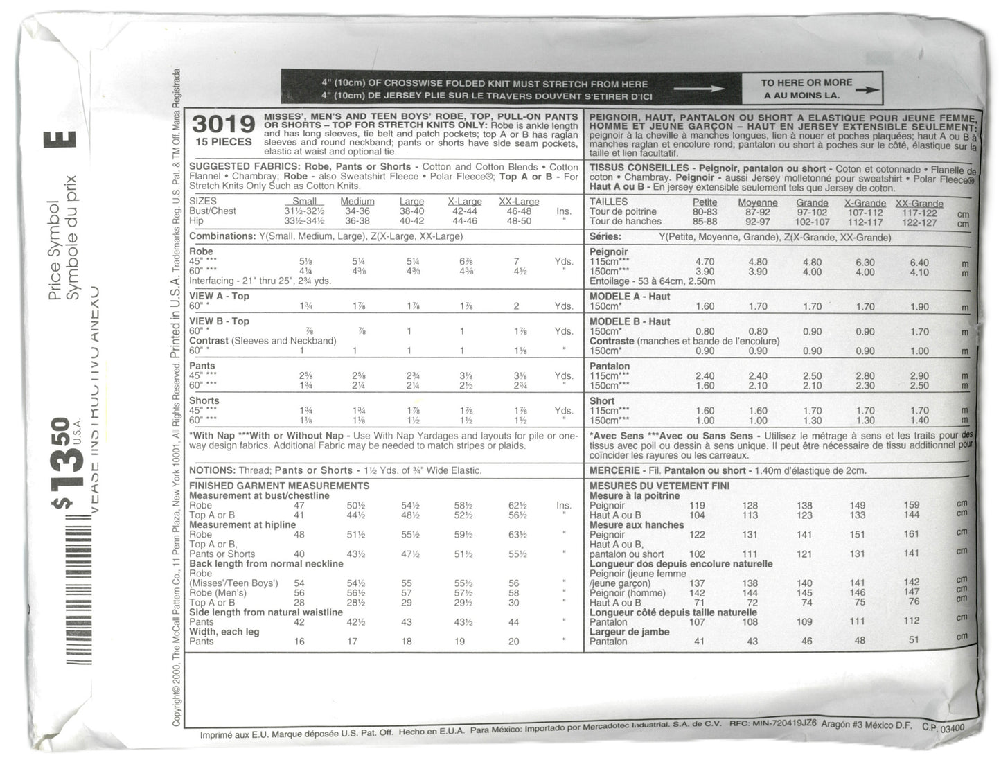 McCalls 3019 Misses Men's and Teen Boys Robe, Top, Pull on Pants or Shorts Sewing Pattern - UNCUT - Size Sml Med Lrg