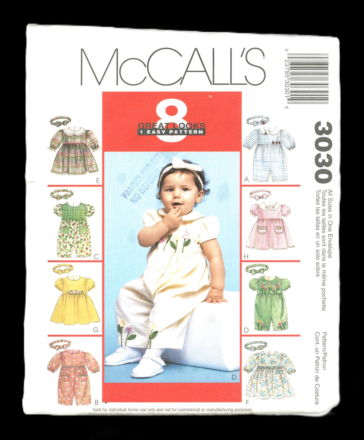 McCalls 3030 Infants Rompers or Dress and Headband Sewing Pattern - UNCUT - Size Sml Med Lrg Xlrg