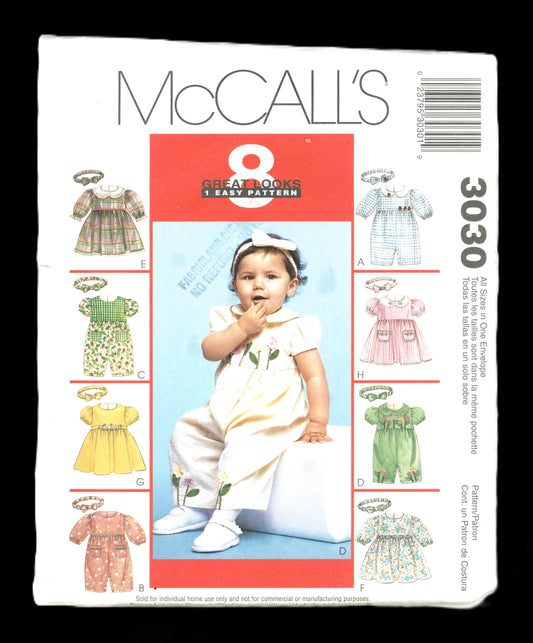 McCalls 3030 Infants Rompers or Dress and Headband Sewing Pattern - UNCUT - Size Sml Med Lrg Xlrg