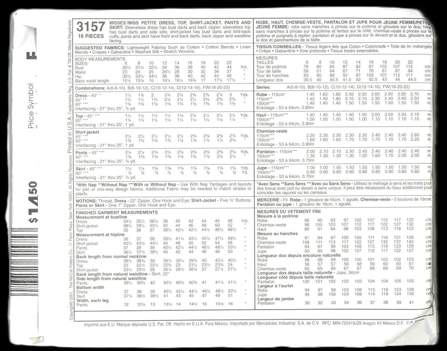 McCalls 3157 Misses / Miss Petite Dress Top Shirt - Jacket, Pants and Skirt Sewing Pattern UNCUT Size 6 8 10 or Size 18 20 22
