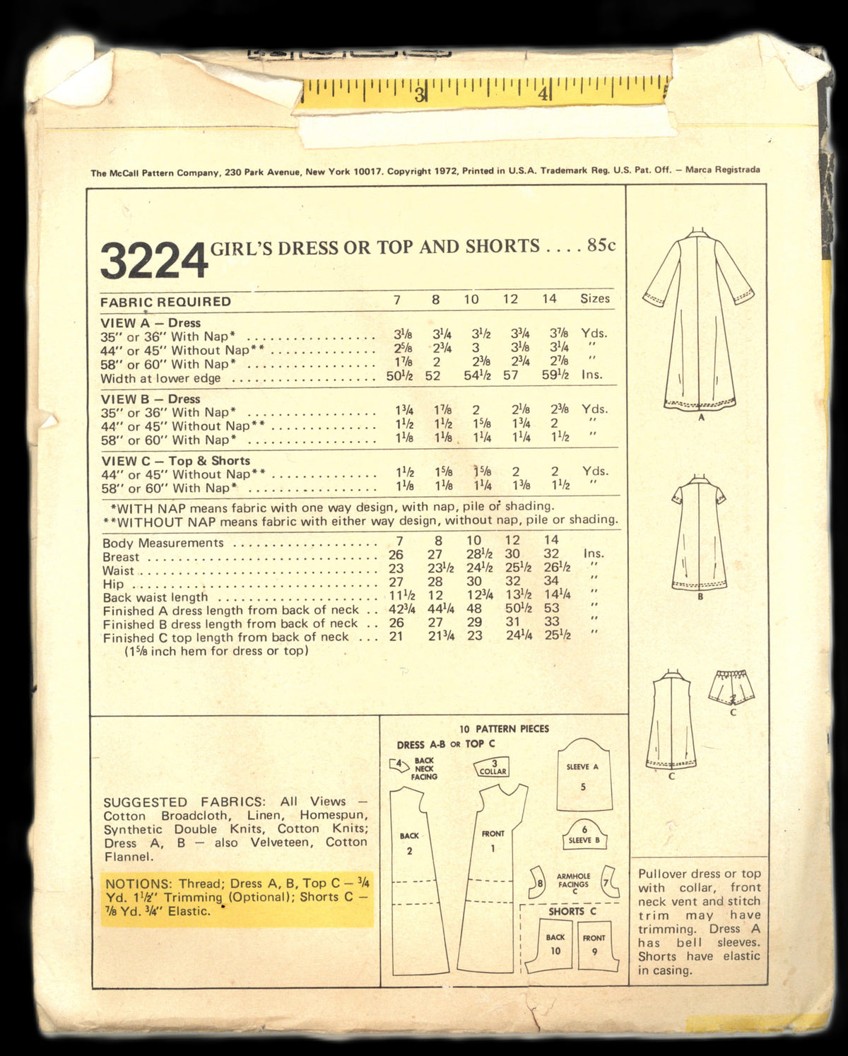 70s McCalls 3224 Girls Dress or Top and Shorts Sewing Pattern - UNCUT Size 10