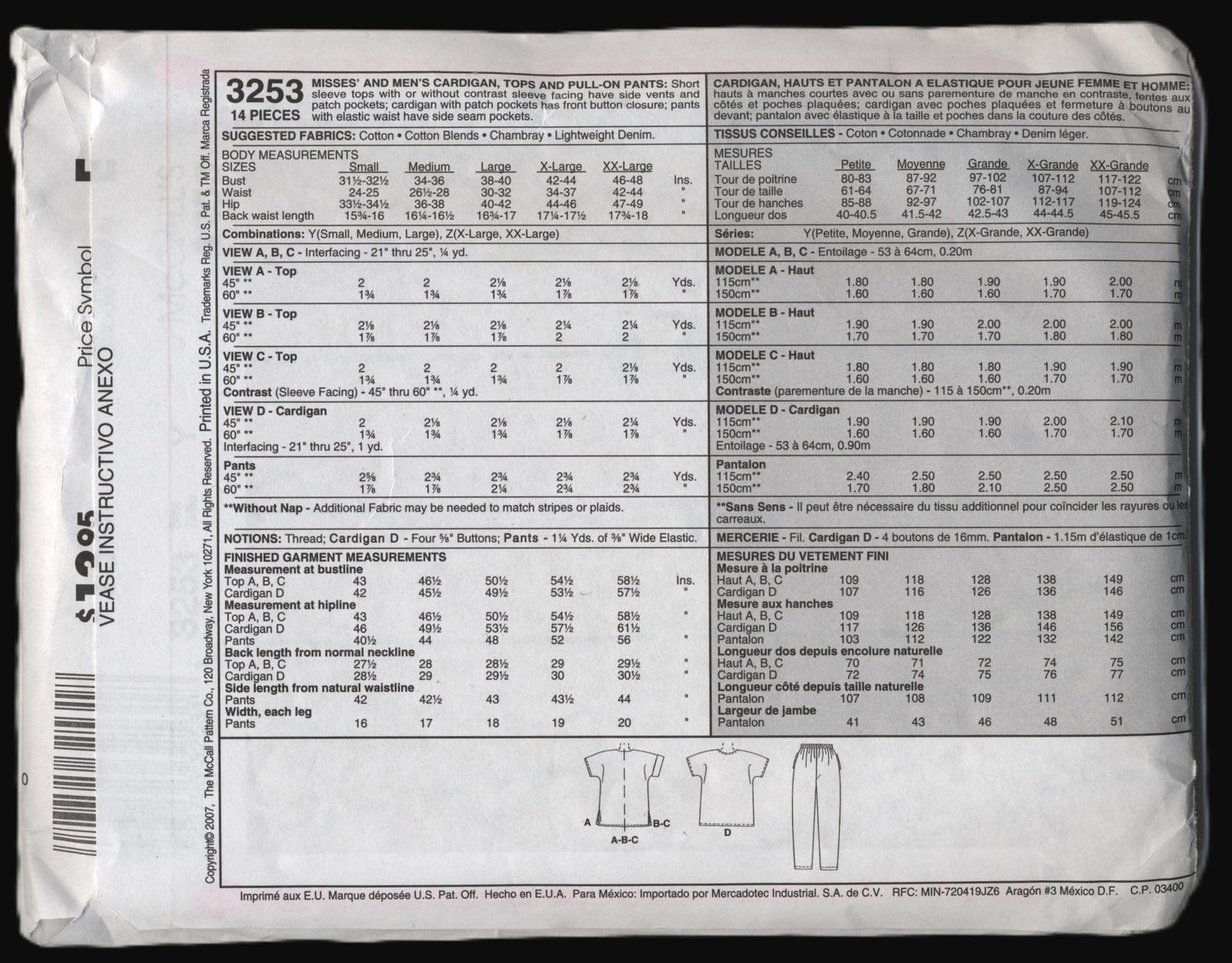 McCalls 3253 Misses and Mens Cardigan Tops and Pull on Pants Sewing Pattern - UNCUT - Size Sml Med Lrg