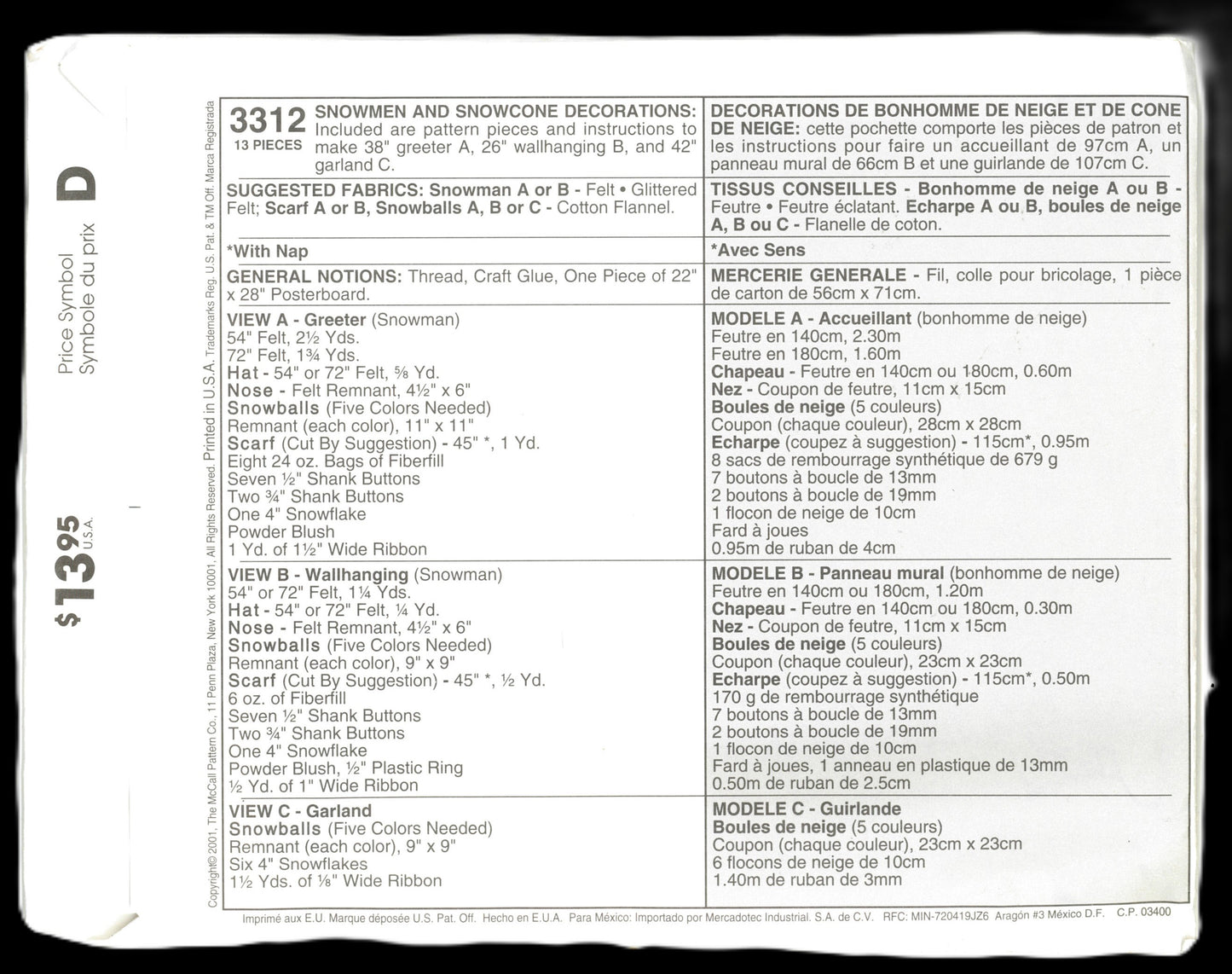 McCalls 3312 Snowmen and Snowcone Decorations Sewing Pattern UNCUT
