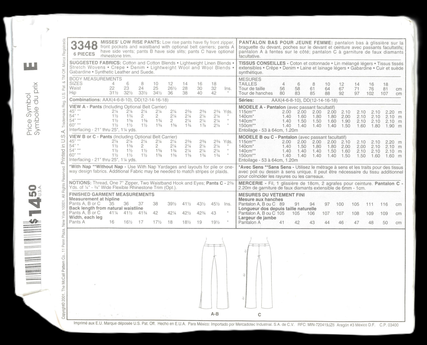 McCalls 3348 Misses Low Rise Pants Pants Sewing Pattern UNCUT Size 12 14 16 18