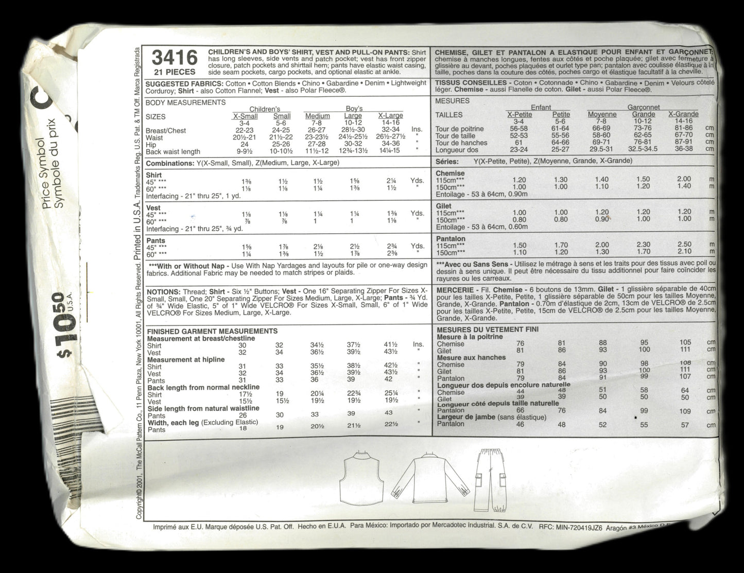 McCalls 3416 Boys Shirt Vest and Pull on Pants Sewing Pattern UNCUT Size Med Lrg Xlg