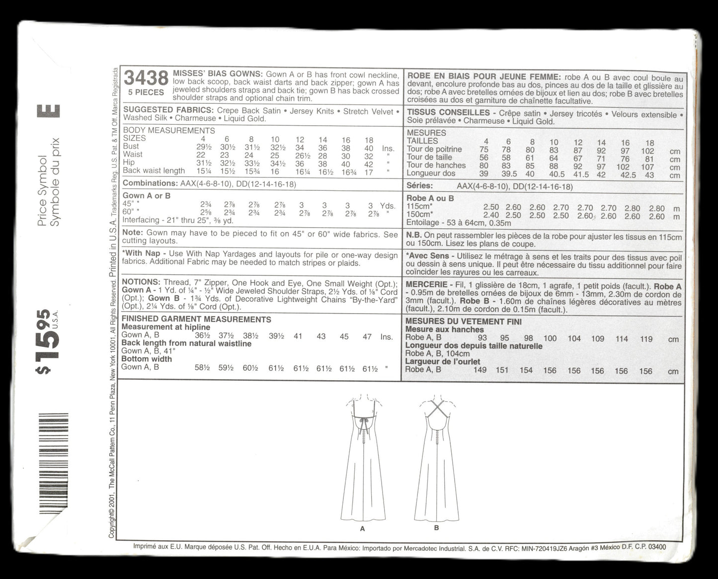 McCalls 3438 Evening Elegance Misses Bias Gowns Sewing Pattern  UNCUT - Size 12 14 16 18
