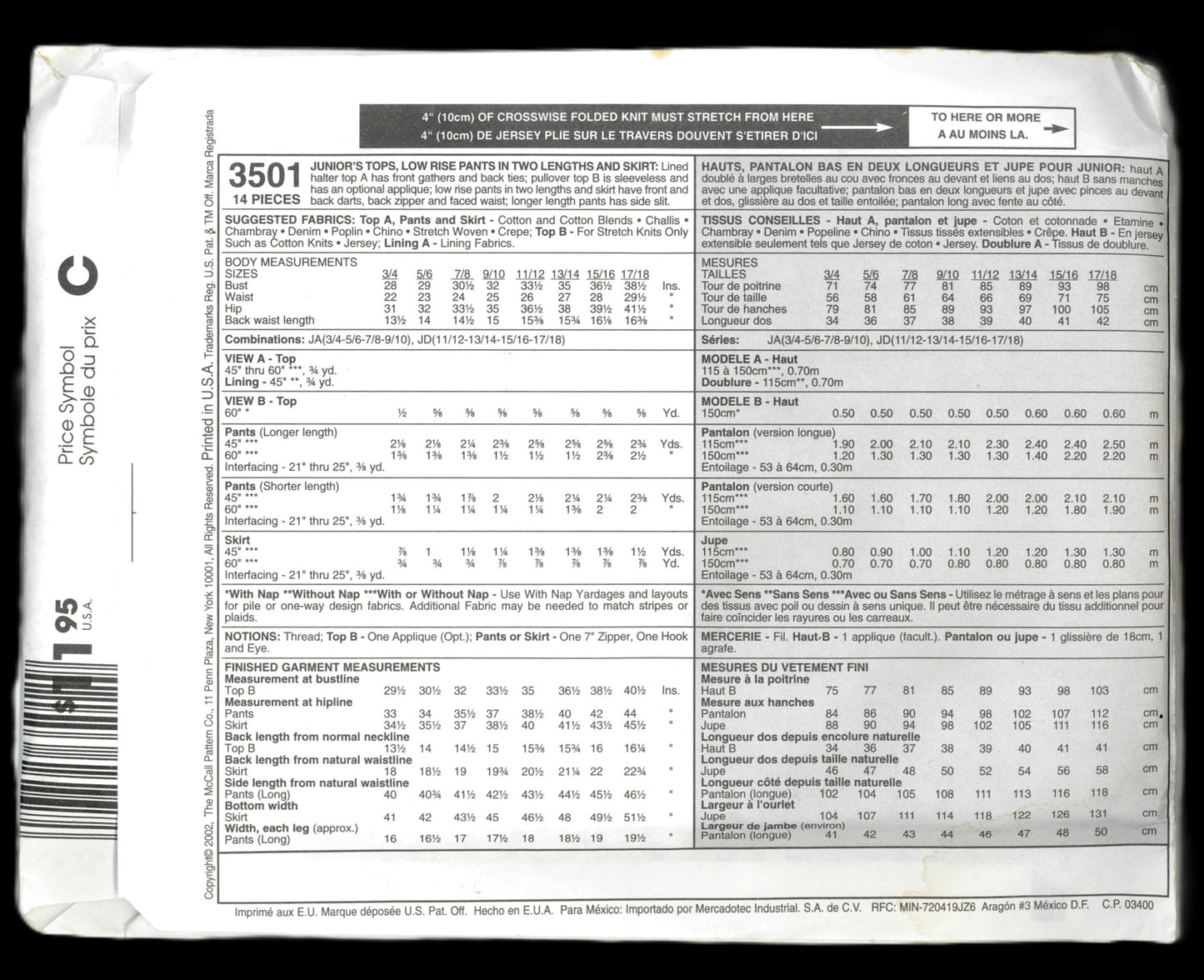 McCalls 3501 NY NY Junior's Tops Low Rise Pants in Two LEngths and Skirt Sewing Pattern UNCUT Size 11/12 13/14 15/16 17/18
