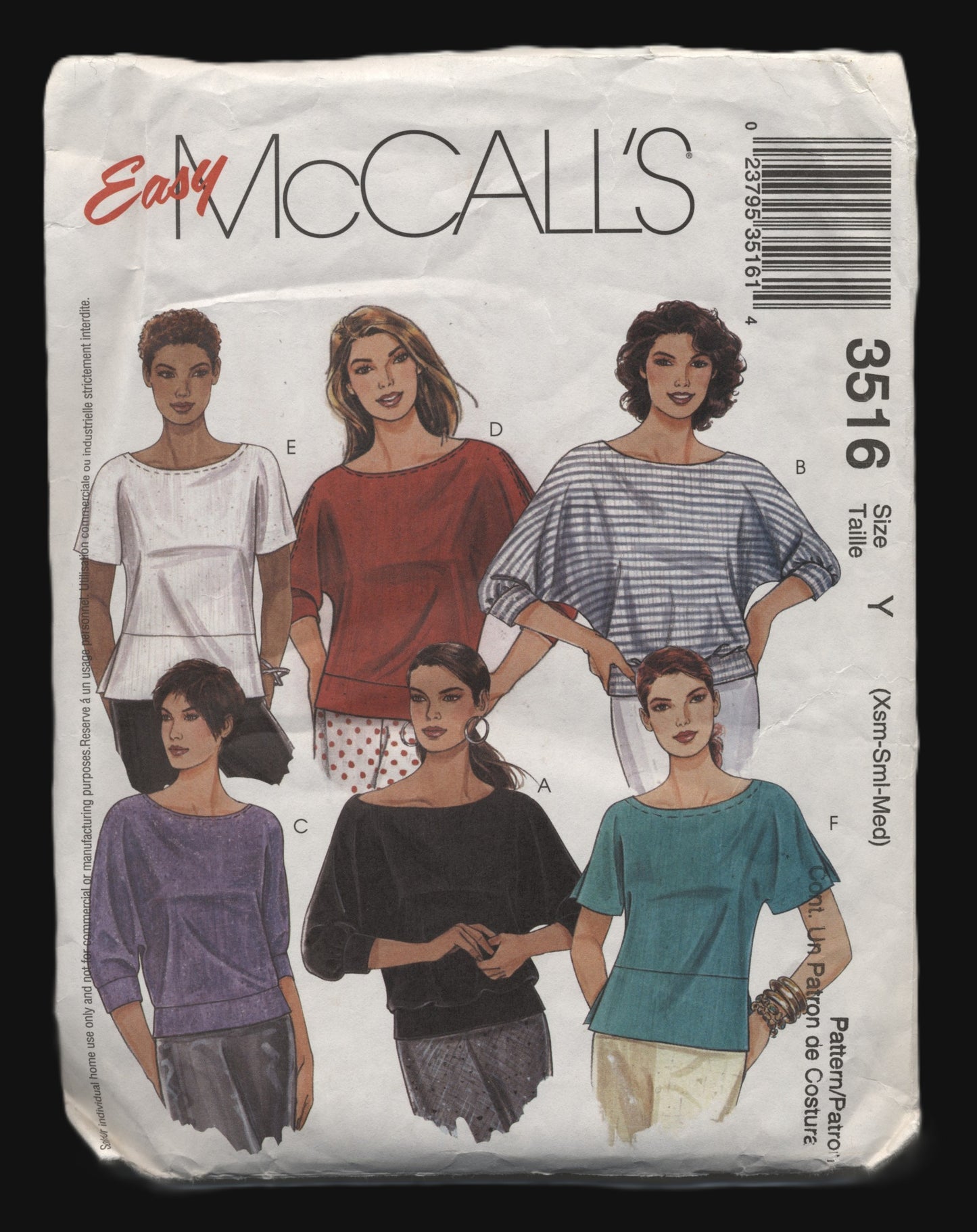 McCalls 3516 Misses Tops Sewing Pattern - UNCUT - Size Xsm Sml Med