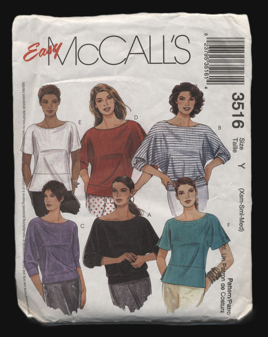 McCalls 3516 Misses Tops Sewing Pattern - UNCUT - Size Xsm Sml Med