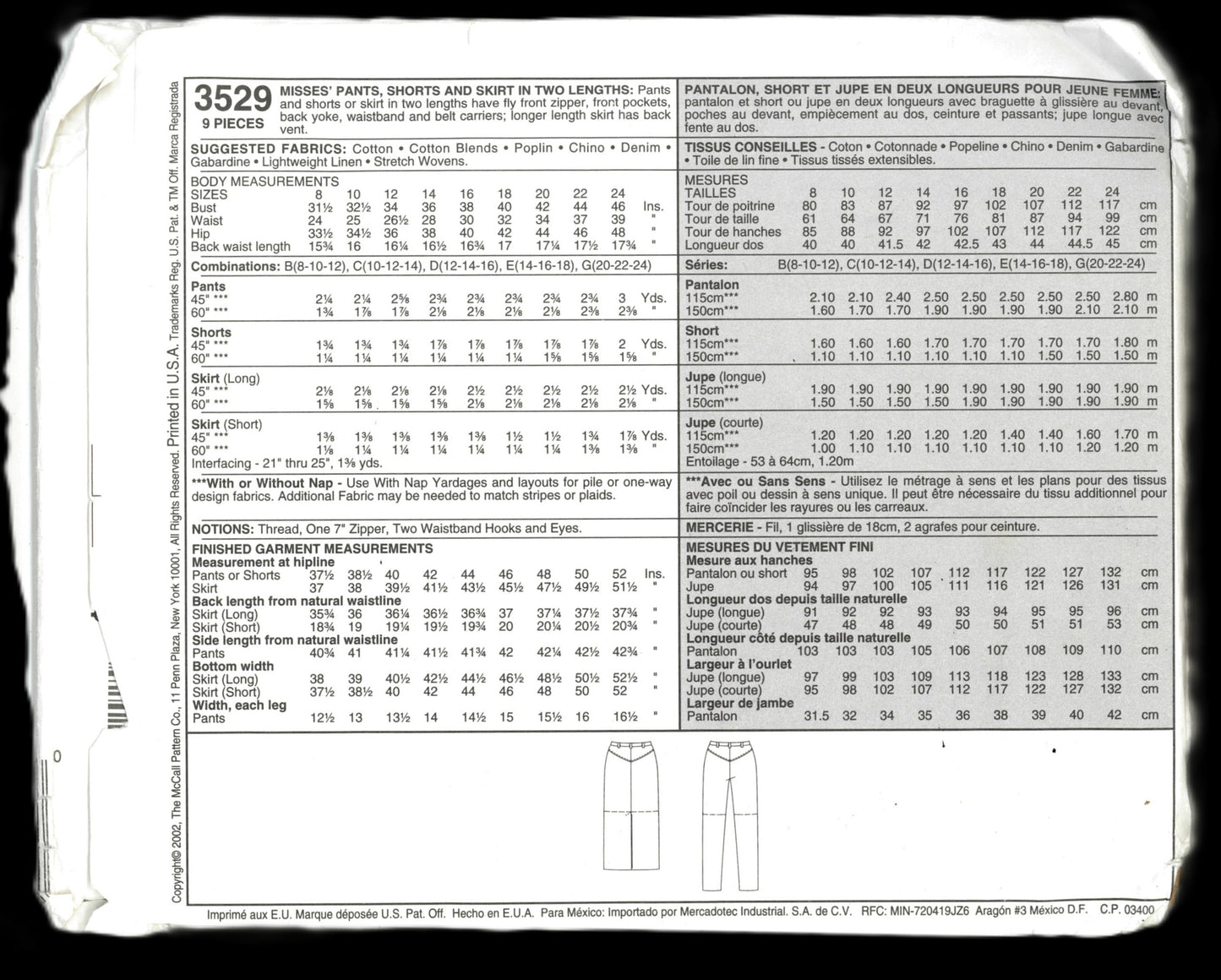 McCalls 3529 Palmer Pletsch Misses Pants Shorts and Skirt in Two Lengths Sewing Pattern UNCUT - Size 10 12 14