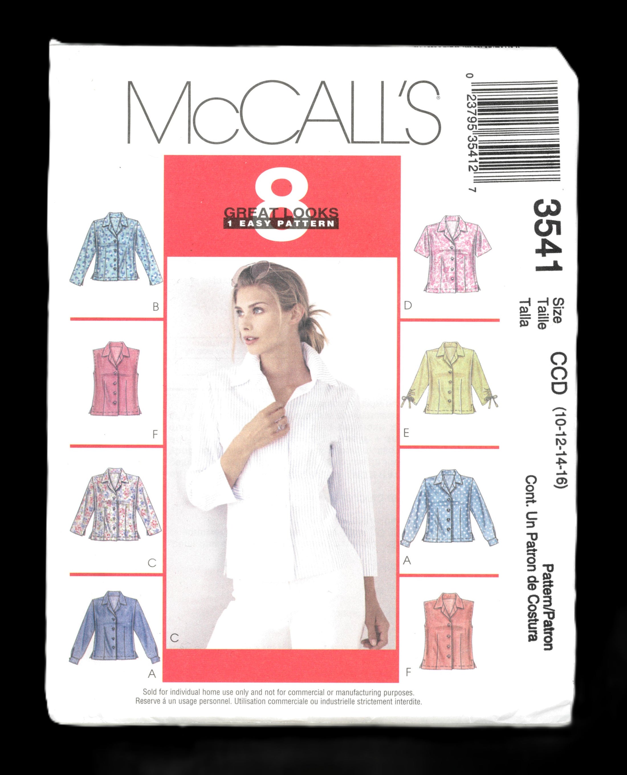 McCalls 3541 Misses Shirts Sewing Pattern UNCUT - Size 10 12 14 16