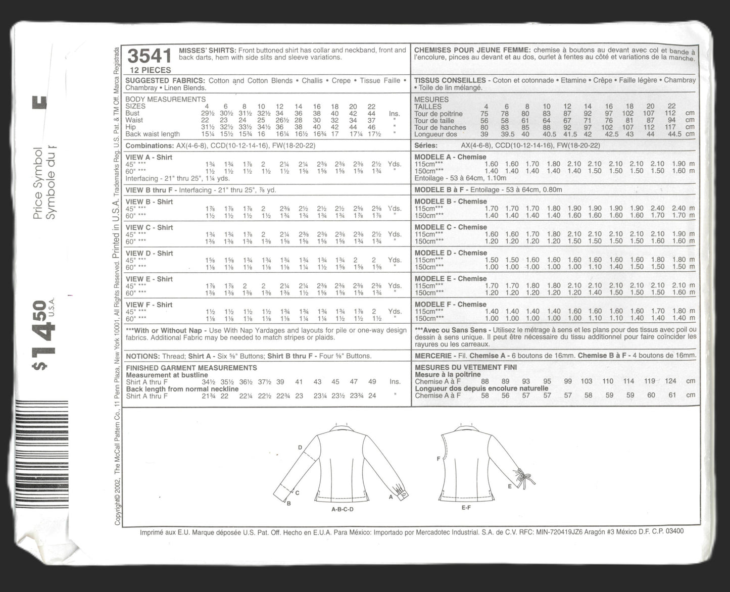 McCalls 3541 Misses Shirts Sewing Pattern UNCUT - Size 10 12 14 16