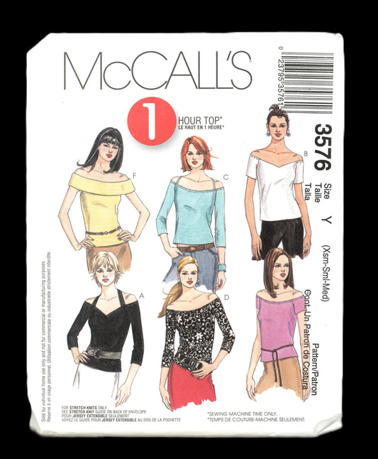 McCalls 3576 Misses Tops Sewing Pattern - UNCUT - Size Xsm Sml Med