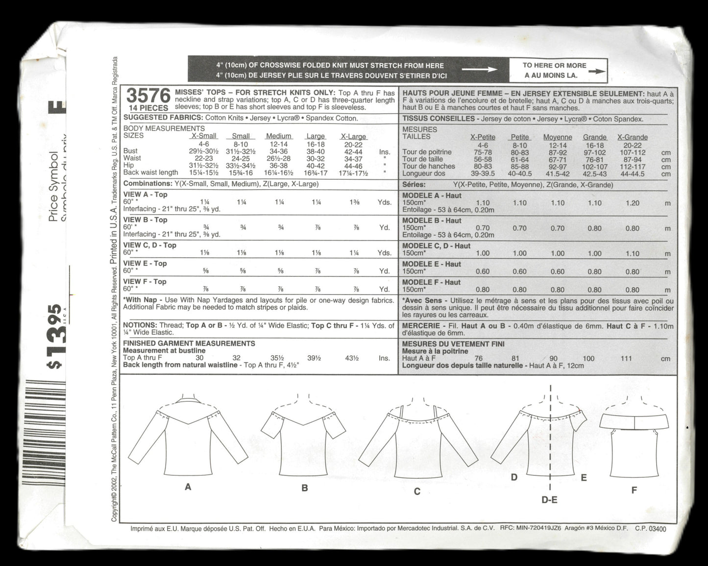 McCalls 3576 Misses Tops Sewing Pattern - UNCUT - Size Xsm Sml Med