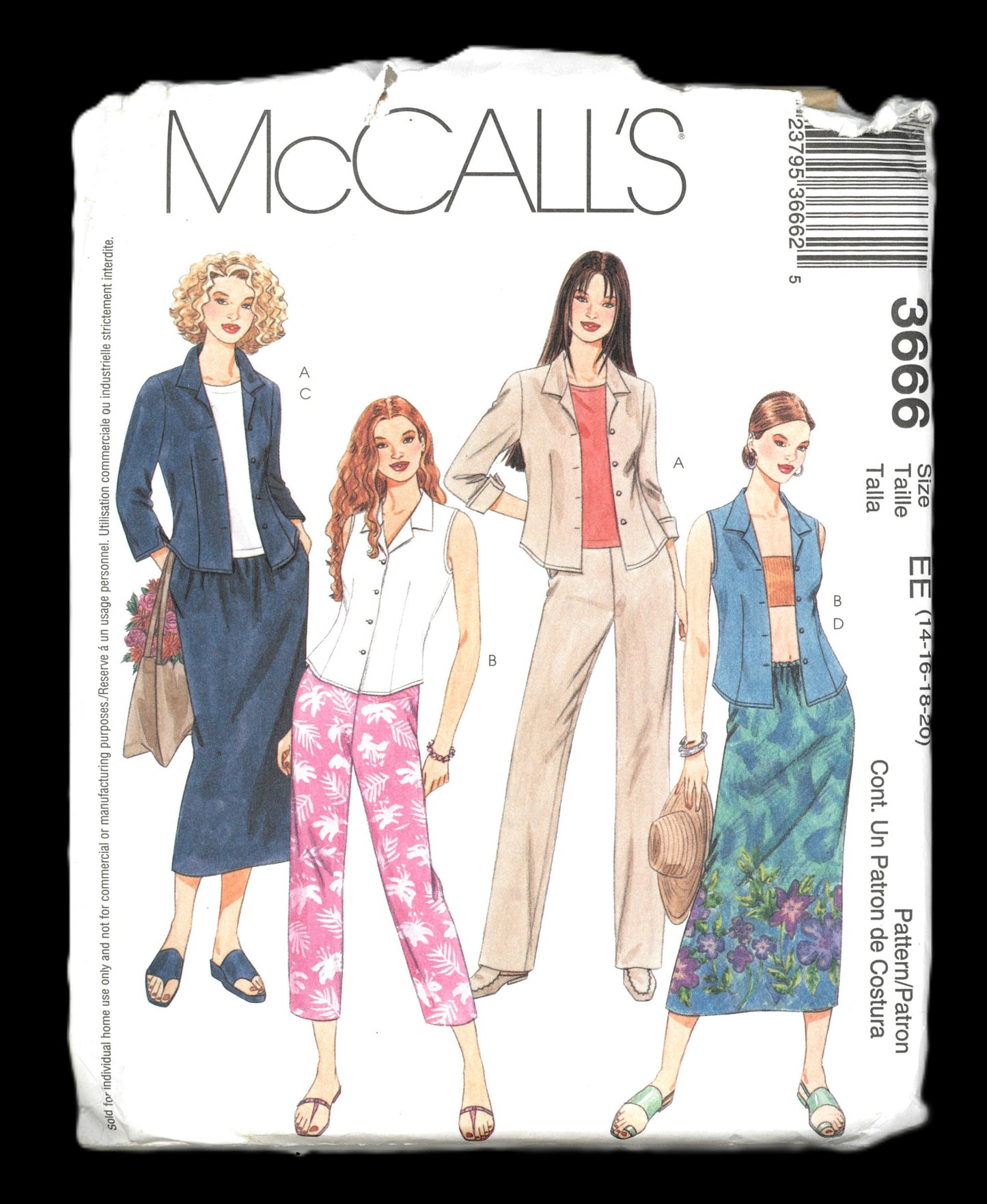 McCalls 3666 Misses / Miss Petite Shirts Pants Capri Pants and Skirt Sewing Pattern UNCUT Size 14 16 18 20