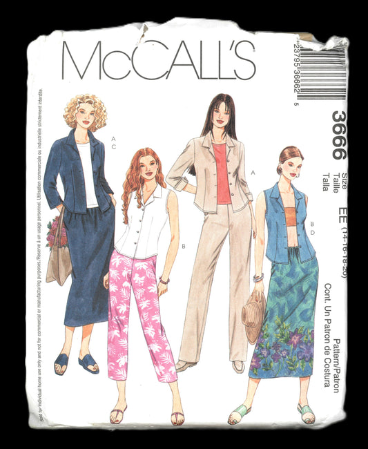 McCalls 3666 Misses / Miss Petite Shirts Pants Capri Pants and Skirt Sewing Pattern UNCUT Size 14 16 18 20