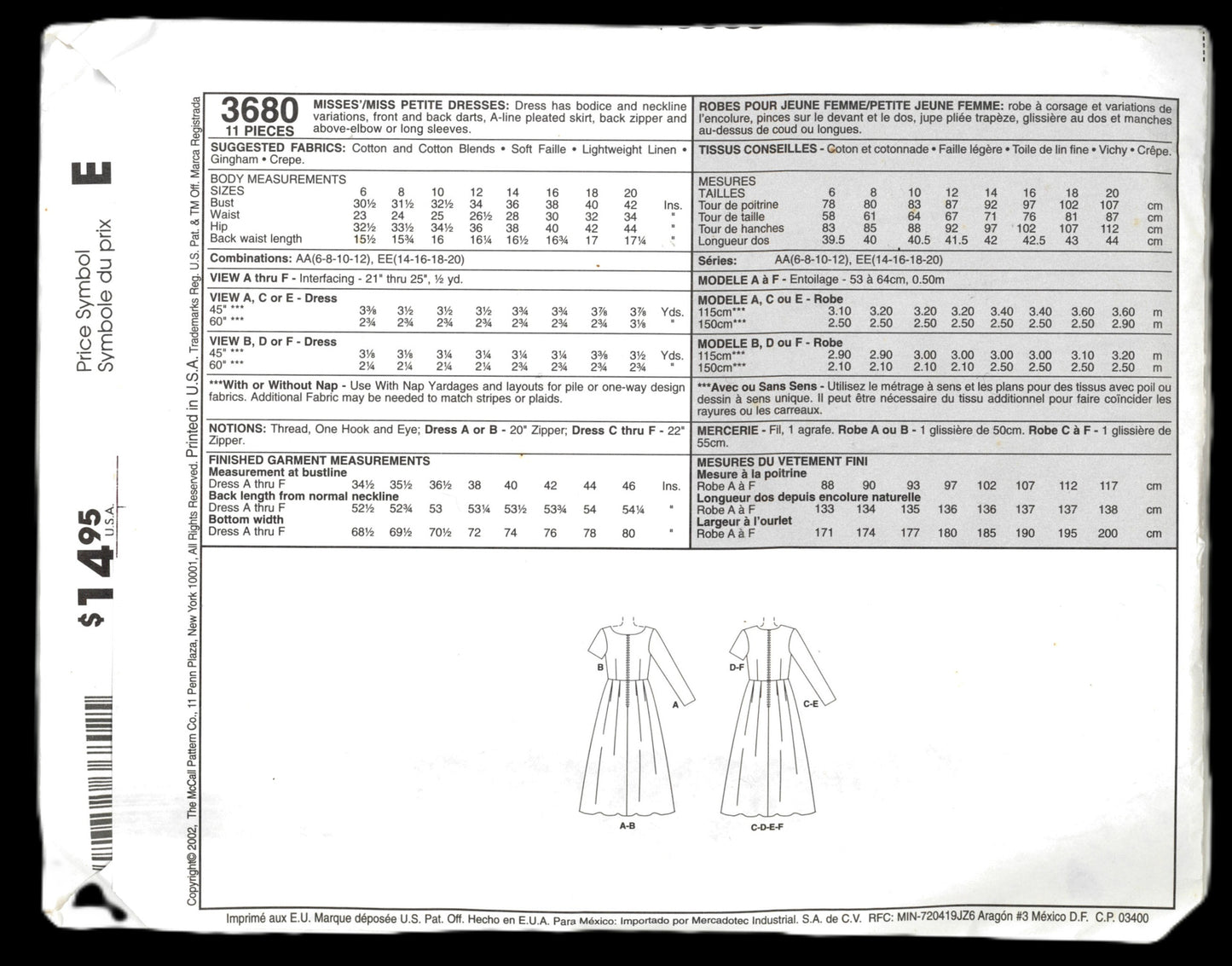 McCalls 3680 Misses / Miss Petite Dresses Sewing Pattern - UNCUT - Size 14 16 18 20