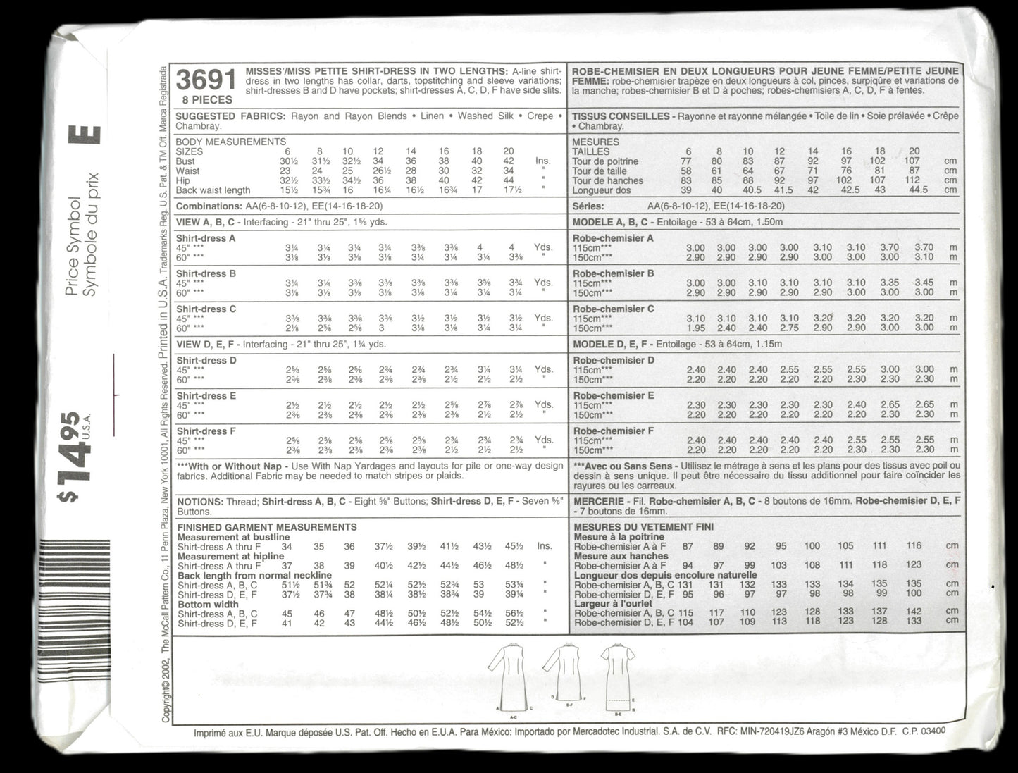 McCalls 3691 Misses / Misses Petite Dress in Two Lengths Sewing Pattern UNCUT Size 14 16 18 20