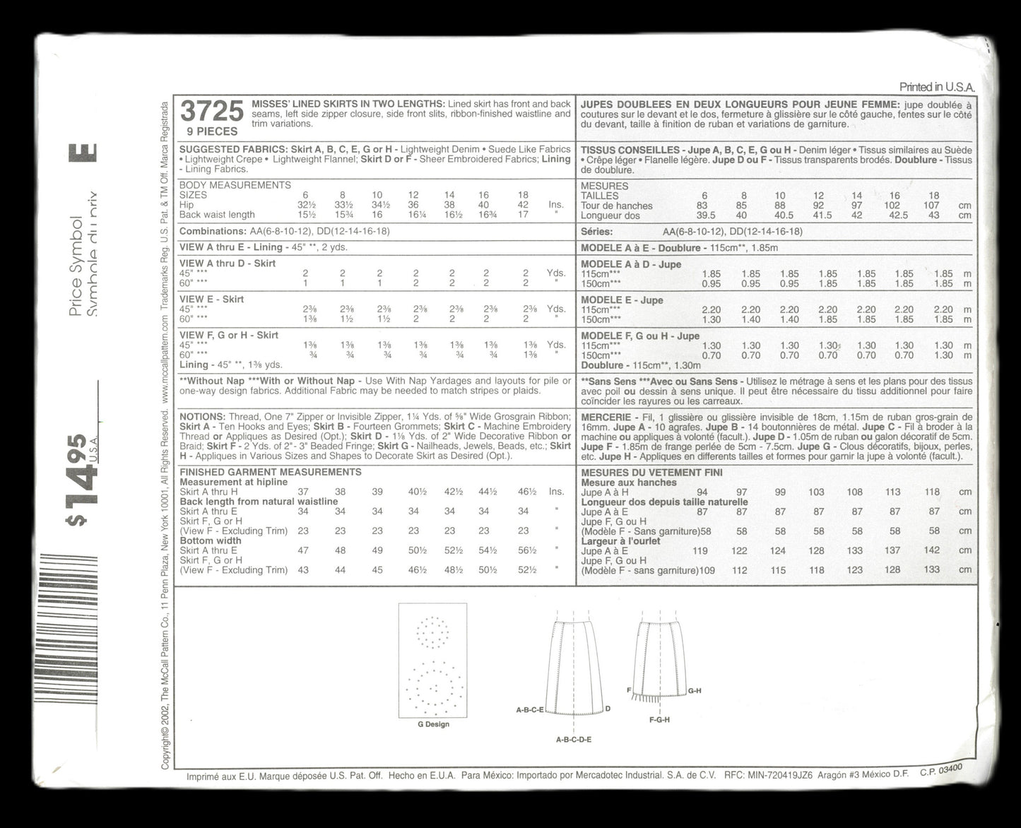 McCalls 3725 Misses Lined Skirts in Two Lengths Sewing Pattern UNCUT Size 12 14 16 18